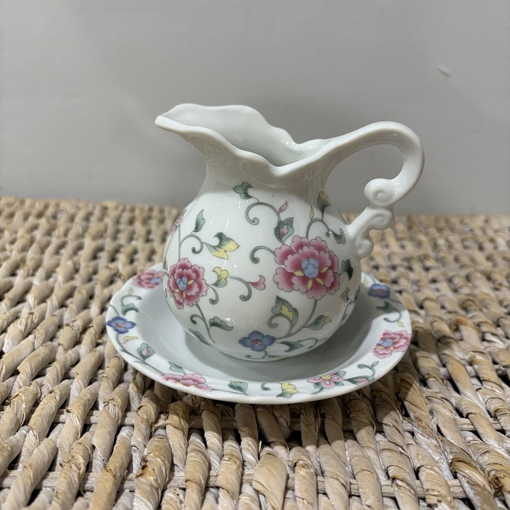 VTG China Floral Flowers Butterfly Porcelain Creamer Pitcher Saucer Cottage Core